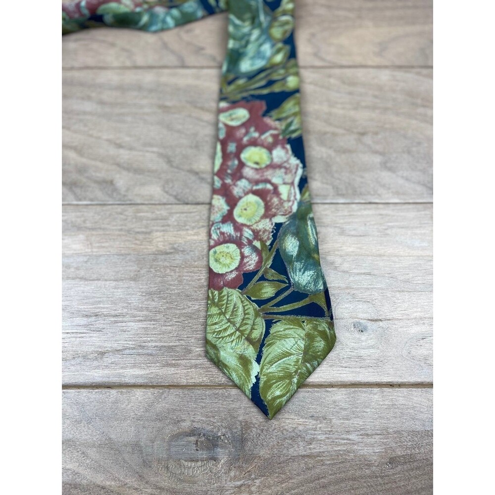Oscar de la Renta Men's Floral Pattern Silk Tie Navy Green Red